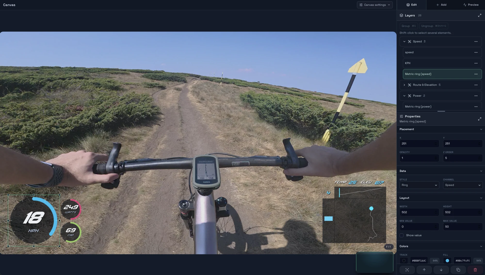 The Movaro layout editor with a speed ring selected on a ride
